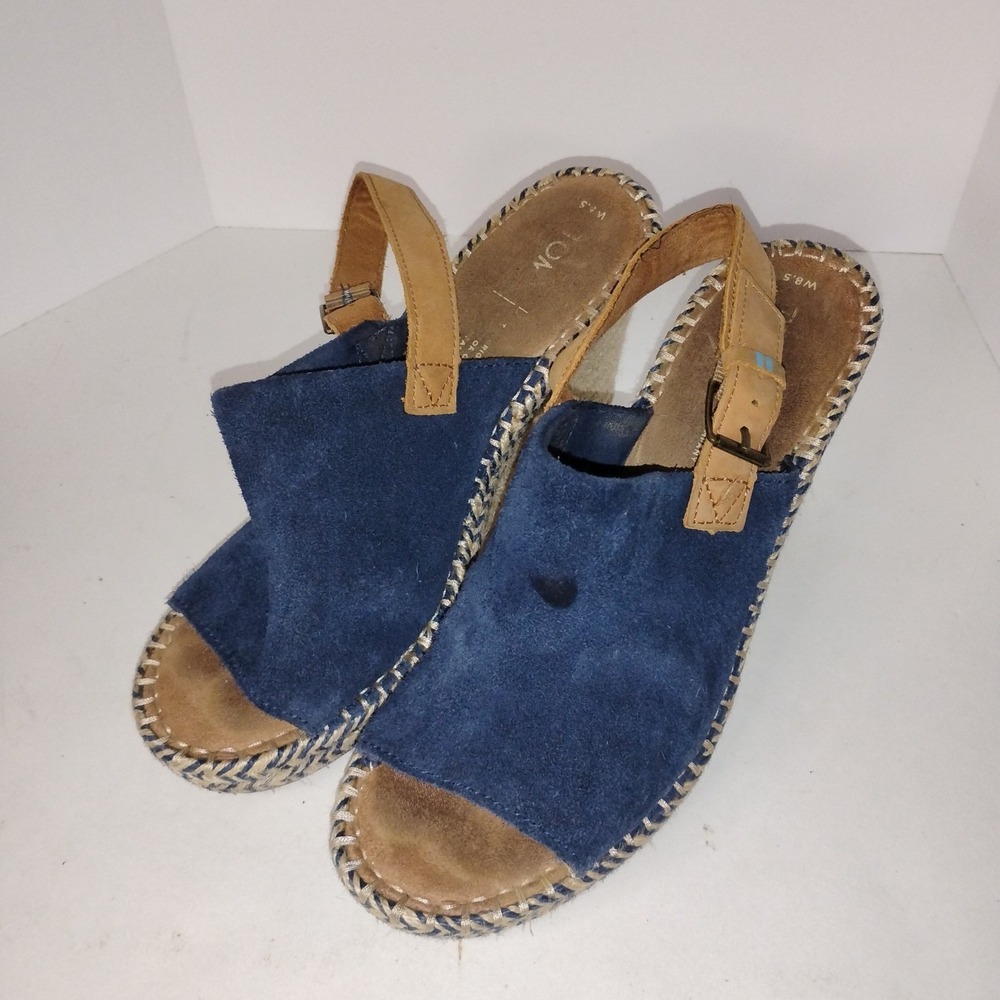 TOMS Navy Tan Wedge Sandals Shoes Womans 8.5